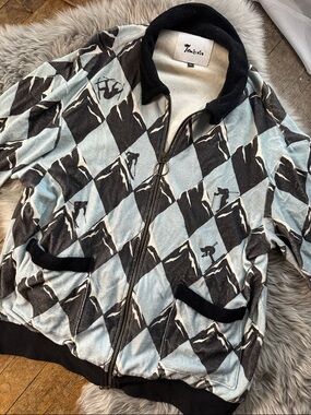 Tombon Men's Light Blue and Black Zip-Up Patterned Shirt Jacket